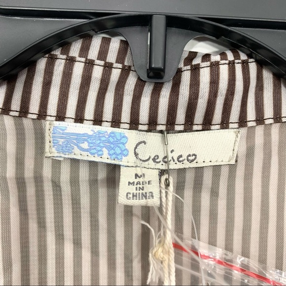 Cecico Women's Brown / Off White Striped Sleeveless Self Tie Sheer Tunic Top NWT - Picture 8 of 9